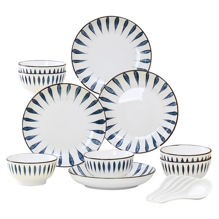 Set de masa din portelan, 16 piese, pentru 4 persoane, include farfurii, boluri si lingura, Potrivit pentru uz familial