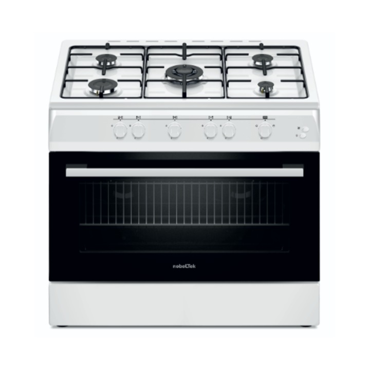 Aragaz Nobeltek NLT 6903A/G1, plta gaz cu 5 ochiuri arzator mare triplu, cuptor gaz, aprindere electrica, grill, iluminare cuptor, echipat cu diuze GN, diuze GPL de schimb, 60x90cm Alb