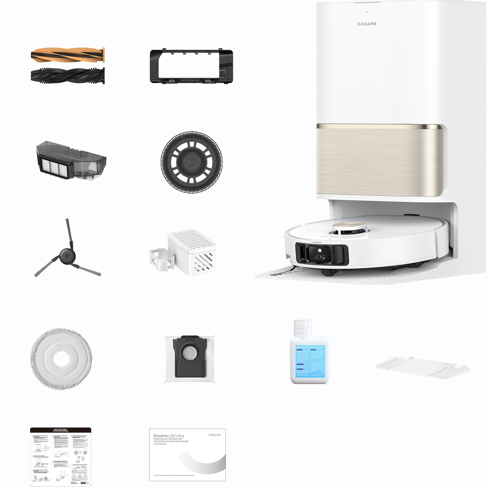Robot de aspirare cu mop Dreame L50 Ultra RLL94CE, putere de aspirare 19500Pa, autocuratare mop cu apa de pana la 75˚C, trecerea pragurilor de pana la 6cm, perie dubla anti-incurcare, baterie 6400mAh, alb