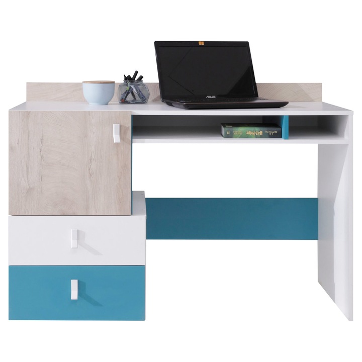 Birou Legimi LG09, MIRJAN 24, alb / stejar + albastru, 55x125x86 cm