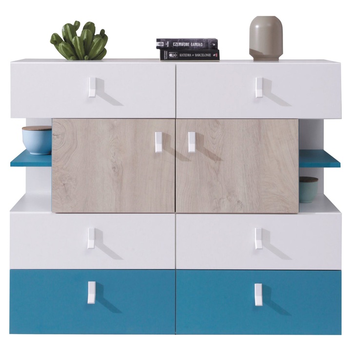 Comoda Legimi LG08, MIRJAN 24, alb / stejar + albastru, 40x110x90 cm