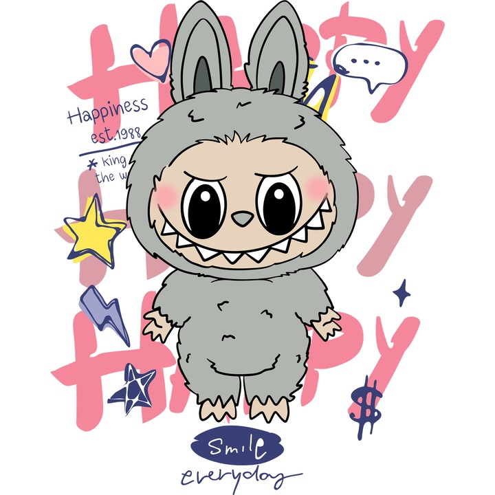 Sticker Adeziv Cu Labubu – Prieteni In Actiune – Curaj, Aventura si Distractie, cu Margini Albe, PVC Vinyl 90CM