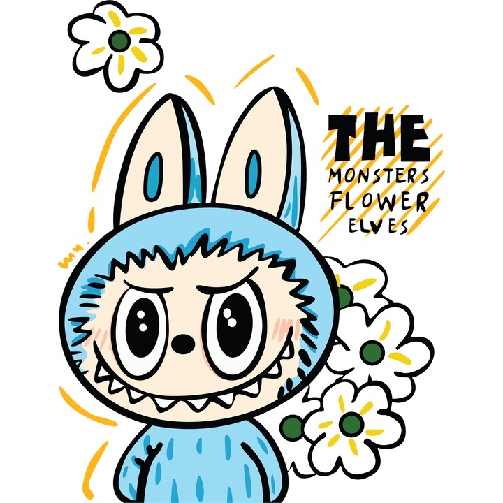 Sticker Adeziv Cu Labubu – Flori Colorate – Aventura, Emotie si Prietenie, cu Margini Albe, PVC Vinyl 90CM