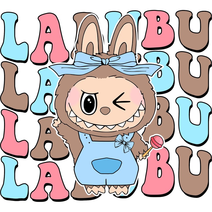 Sticker Adeziv Cu Labubu – Zborul Fluturilor – Aventura, Magie si Emotie, cu Margini Albe, PVC Vinyl 70CM