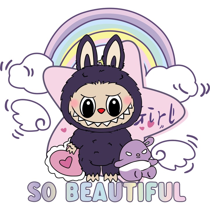 Sticker Adeziv Cu Labubu – Aventura Colorata – Prietenie, Zambete si Curaj, cu Margini Albe, PVC Vinyl 50CM