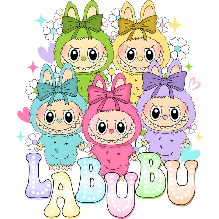 Sticker Adeziv Cu Labubu – Prieteni Magici – Emotie, Aventura si Energie, cu Margini Albe, PVC Vinyl 90CM