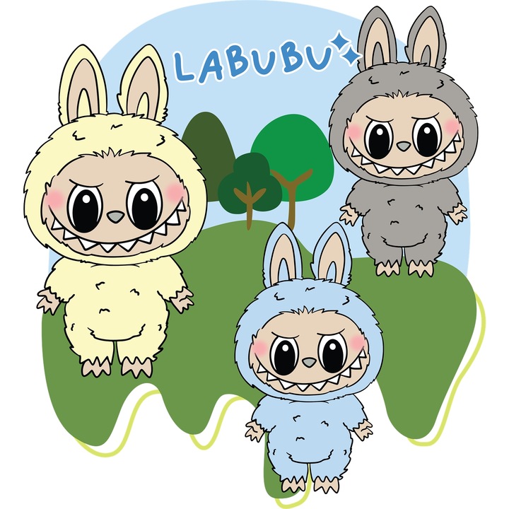 Sticker Adeziv Cu Labubu – Flori si Zambete – Aventura, Curaj si Prietenie, cu Margini Albe, PVC Vinyl 90CM