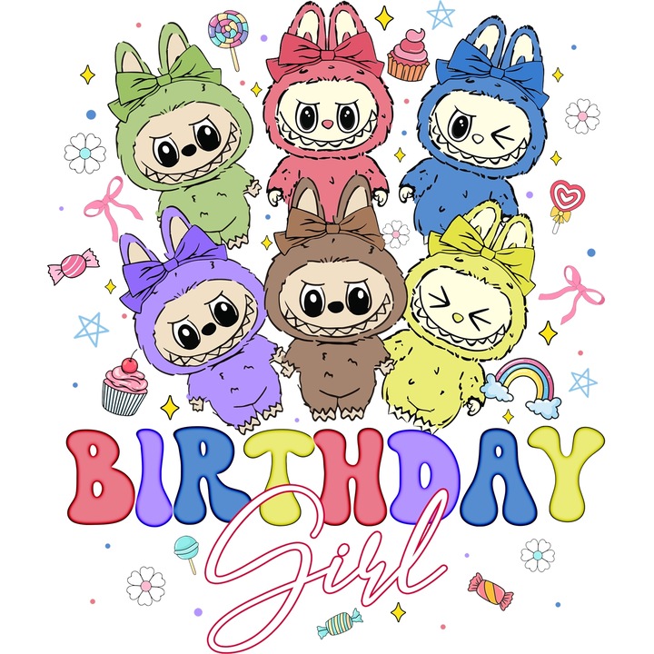 Sticker Adeziv Cu Labubu – Stelele Colorate – Magie, Aventura si Zambete, cu Margini Albe, PVC Vinyl 15CM