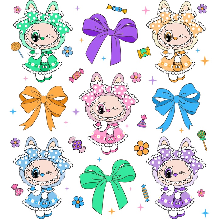 Sticker Adeziv Cu Labubu – Ploaia de Stele – Aventura, Magie si Curaj, cu Margini Albe, PVC Vinyl 90CM