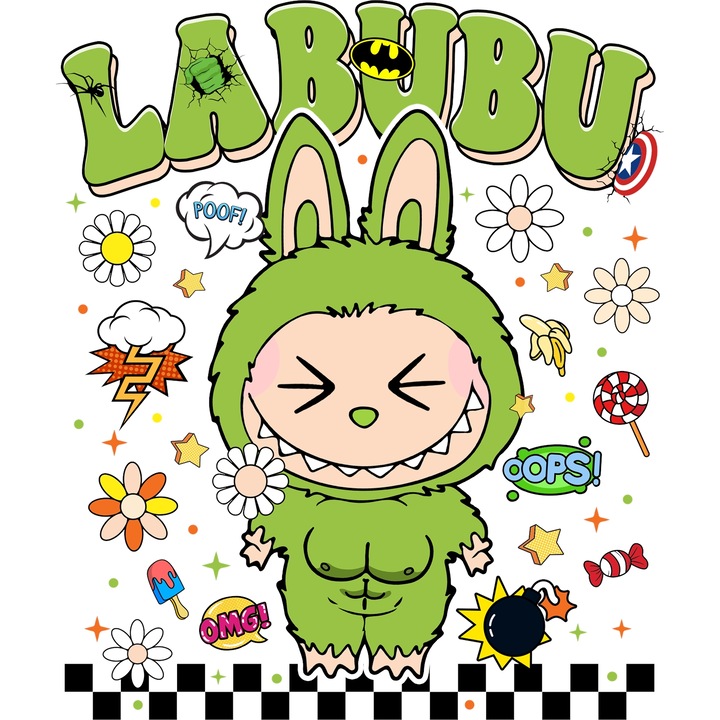 Sticker Adeziv Cu Labubu – Flori Fermecate – Emotie, Aventura si Prietenie, cu Margini Albe, PVC Vinyl 60CM