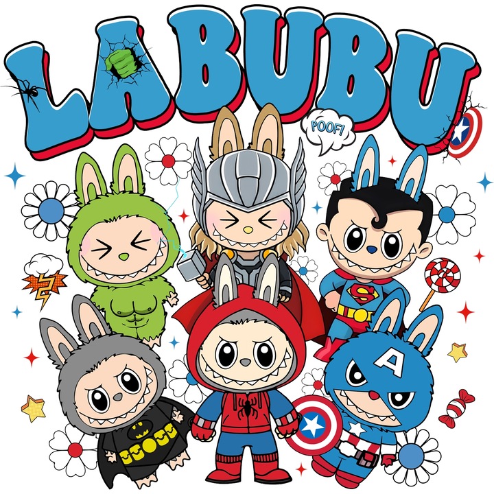 Sticker Adeziv Cu Labubu – Fluturi si Stele – Aventura, Prietenie si Energie, cu Margini Albe, PVC Vinyl 90CM