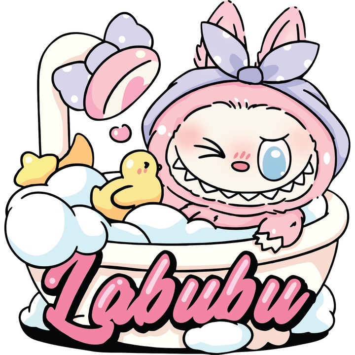 Sticker Adeziv Cu Labubu – Inima Rozului – Prietenie, Magie si Zambete, cu Margini Albe, PVC Vinyl 50CM