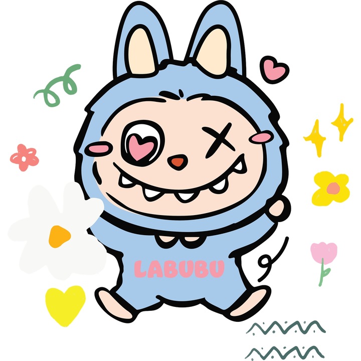 Sticker Adeziv Cu Labubu – Stele si Muzica – Aventura, Prietenie si Curaj, cu Margini Albe, PVC Vinyl 80CM