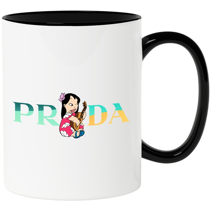 Cana Cu Stitch, Cu Textul "Prada" - Design 19, Ceramica, 330ML, Cu Maner si Interior Negru