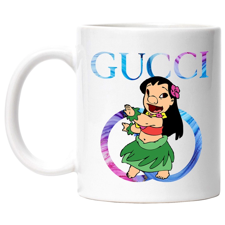 Cana Cu Stitch, Cu Textul "Gucci" - Design 41, Ceramica, 330ML, Cu Maner si Interior Alb