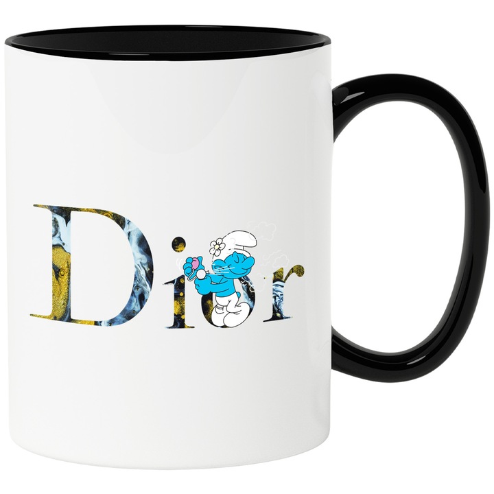 Cana Cu Strumf, Cu Textul "Dior" - Design 3, Ceramica, 330ML, Cu Maner si Interior Negru
