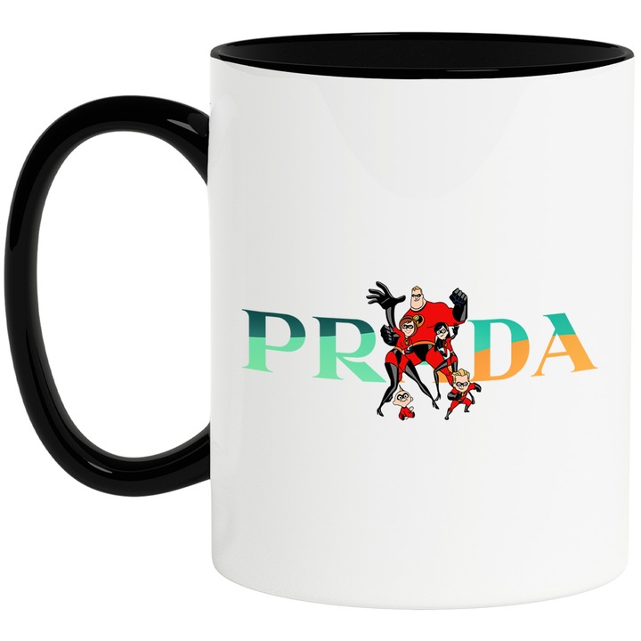 Cana Cu The Incredibles, Cu Textul "Prada" - Design 1, Ceramica, 330ML, Cu Maner si Interior Negru