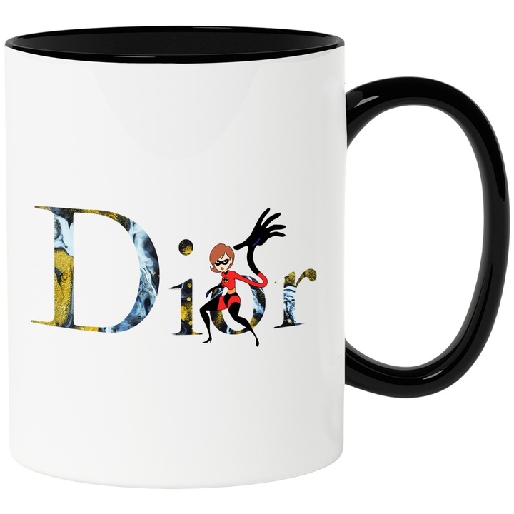 Cana Cu The Incredibles, Cu Textul "Dior" - Design 5, Ceramica, 330ML, Cu Maner si Interior Negru