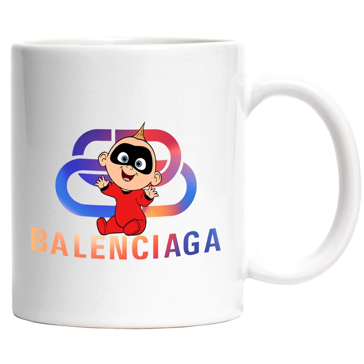 Cana Cu The Incredibles, Cu Textul "Balenciaga" - Design 21, Ceramica, 330ML, Cu Maner si Interior Alb