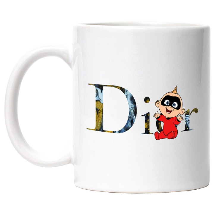 Cana Cu The Incredibles, Cu Textul "Dior" - Design 7, Ceramica, 330ML, Cu Maner si Interior Alb