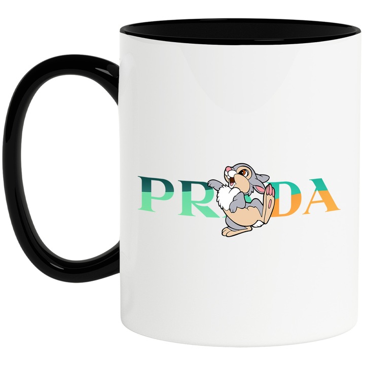 Cana Cu Thumper, Cu Textul "Prada" - Design 2, Ceramica, 330ML, Cu Maner si Interior Negru