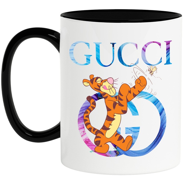 Cana Cu Tigger, Cu Textul "Gucci" - Design 10, Ceramica, 330ML, Cu Maner si Interior Negru
