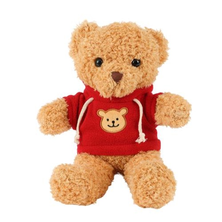 Jucarie de plus ursulet cu hanorac, Zola, umplutura hipoalergenica, material exterior moale, 30 x 23 cm, bej/rosu