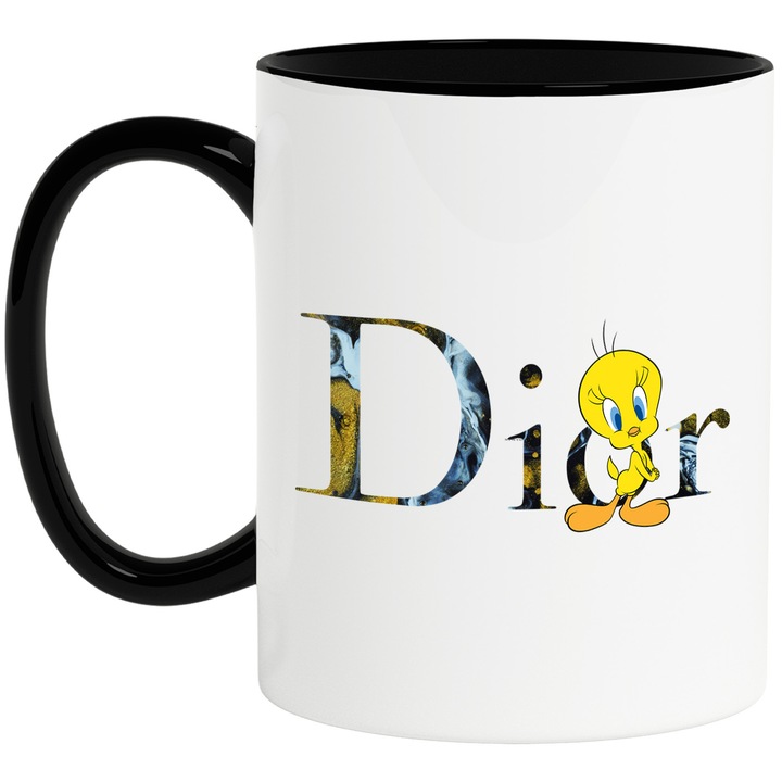 Cana Cu Tweety, Cu Textul "Dior" - Design 2, Ceramica, 330ML, Cu Maner si Interior Negru