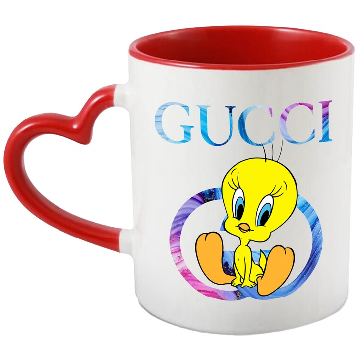Cana Cu Tweety, Cu Textul "Gucci" - Design 8, Ceramica, 330ML, Cu Maner Inima Rosie si Interior Rosu