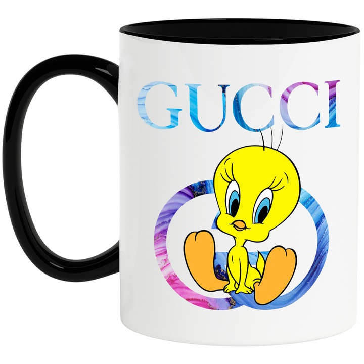 Cana Cu Tweety, Cu Textul "Gucci" - Design 8, Ceramica, 330ML, Cu Maner si Interior Negru