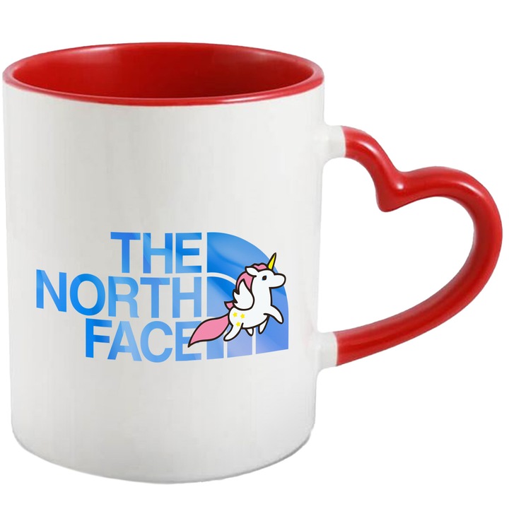 Cana Cu Unicorn, Cu Textul "The North Face" - Design 3, Ceramica, 330ML, Cu Maner Inima Rosie si Interior Rosu