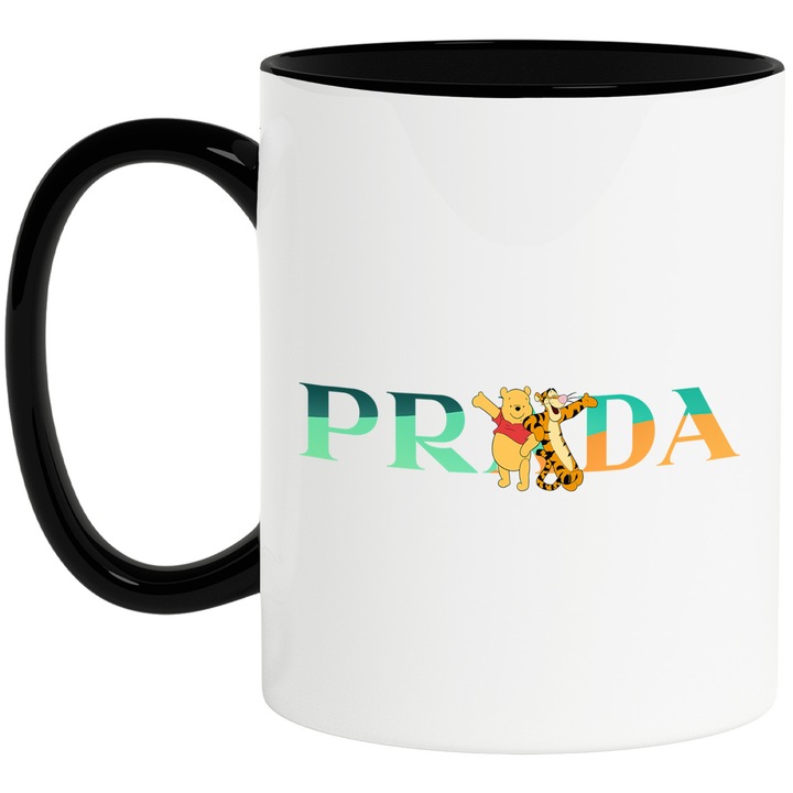 Cana Cu Winnie, Cu Textul "Prada" - Design 9, Ceramica, 330ML, Cu Maner si Interior Negru
