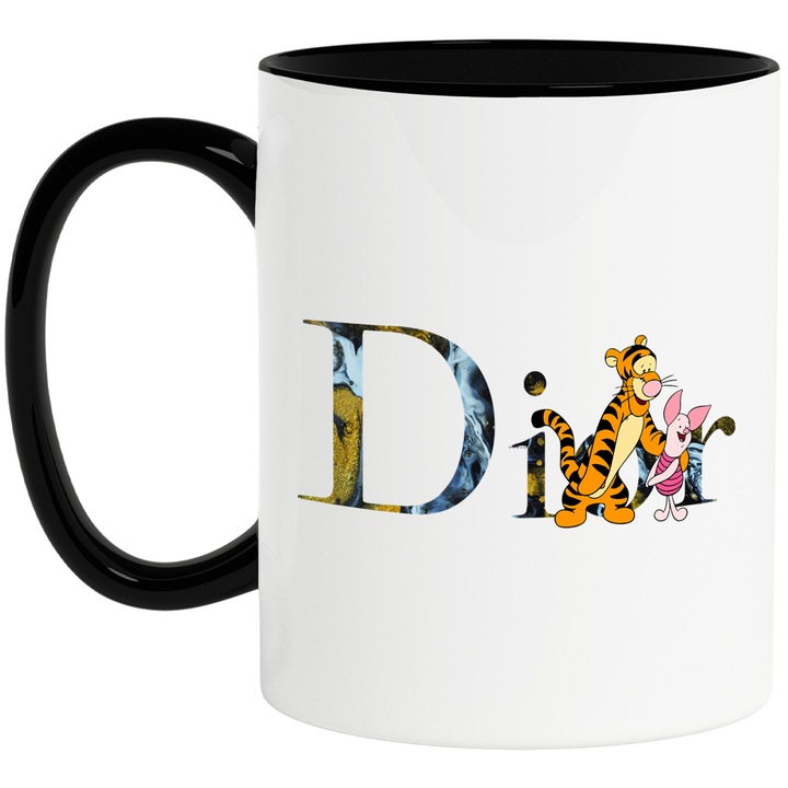 Cana Cu Winnie, Cu Textul "Dior" - Design 14, Ceramica, 330ML, Cu Maner si Interior Negru