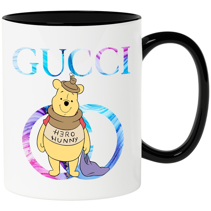 Cana Cu Winnie, Cu Textul "Gucci" - Design 44, Ceramica, 330ML, Cu Maner si Interior Negru