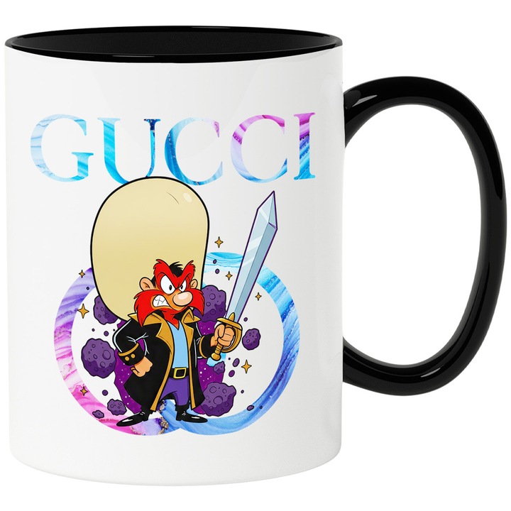 Cana Cu Yosemite Sam, Cu Textul "Gucci" - Design 5, Ceramica, 330ML, Cu Maner si Interior Negru