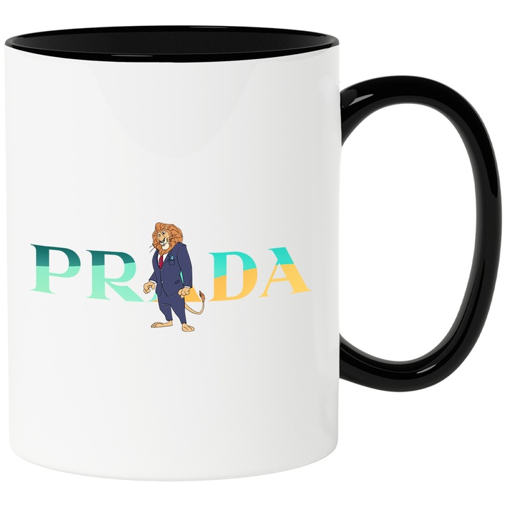 Cana Cu Zoopia, Cu Textul "Prada" - Design 1, Ceramica, 330ML, Cu Maner si Interior Negru