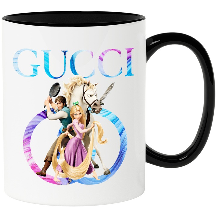 Cana Cu Rapunzel, Cu Textul "Gucci" - Design 10, Ceramica, 330ML, Cu Maner si Interior Negru