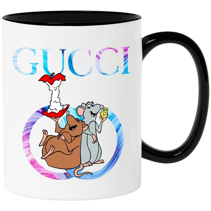 Cana Cu Ratatouille, Cu Textul "Gucci" - Design 19, Ceramica, 330ML, Cu Maner si Interior Negru