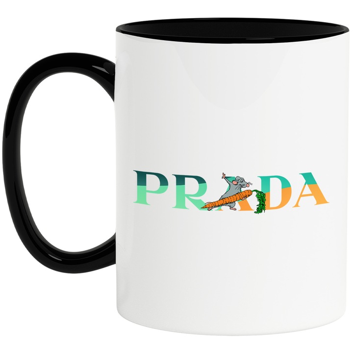 Cana Cu Ratatouille, Cu Textul "Prada" - Design 8, Ceramica, 330ML, Cu Maner si Interior Negru