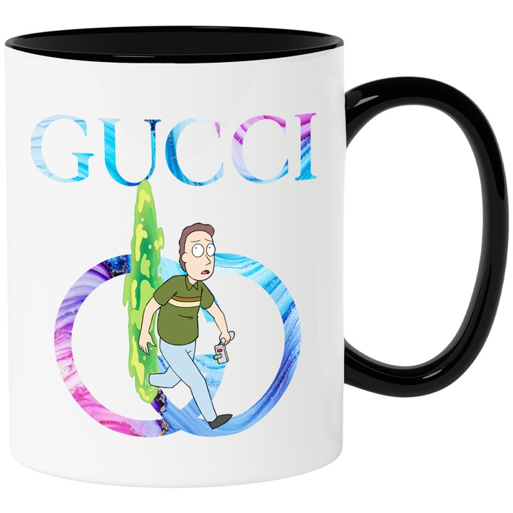Cana Cu Rick & Morty, Cu Textul "Gucci" - Design 13, Ceramica, 330ML, Cu Maner si Interior Negru