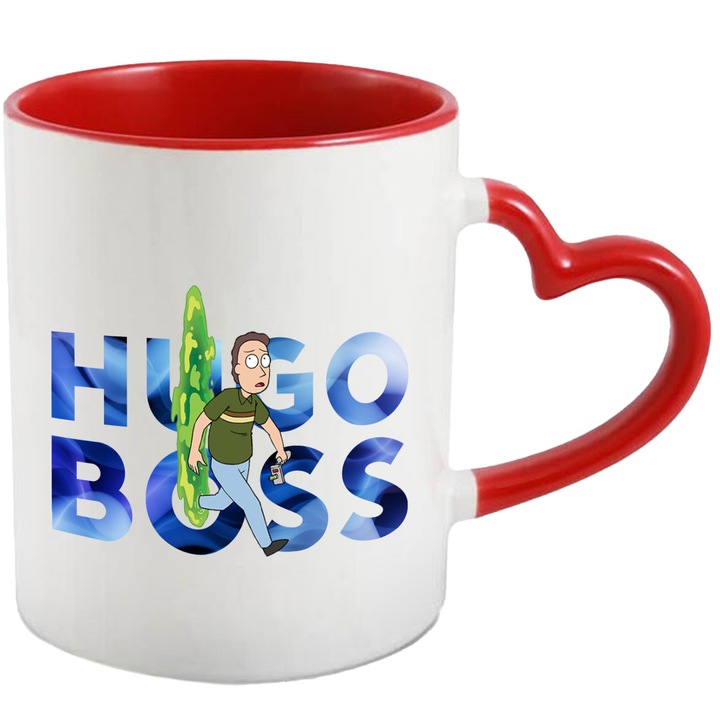 Cana Cu Rick & Morty, Cu Textul "Hugo Boss" - Design 13, Ceramica, 330ML, Cu Maner Inima Rosie si Interior Rosu