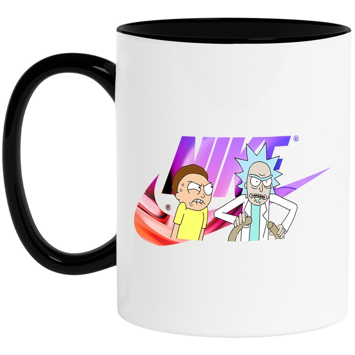 Cana Cu Rick & Morty, Cu Textul "Nike" - Design 17, Ceramica, 330ML, Cu Maner si Interior Negru