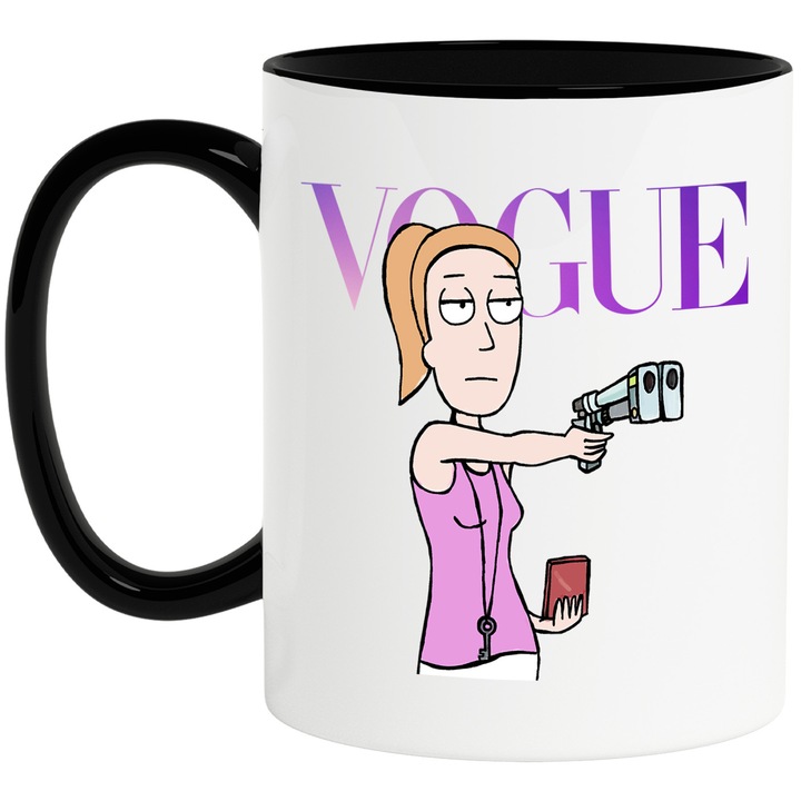 Cana Cu Rick & Morty, Cu Textul "Vogue" - Design 5, Ceramica, 330ML, Cu Maner si Interior Negru