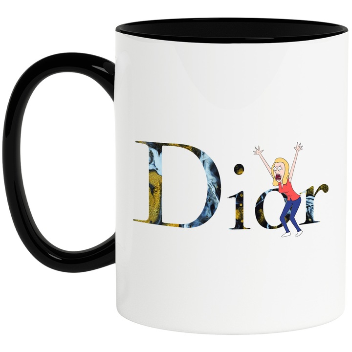 Cana Cu Rick & Morty, Cu Textul "Dior" - Design 8, Ceramica, 330ML, Cu Maner si Interior Negru