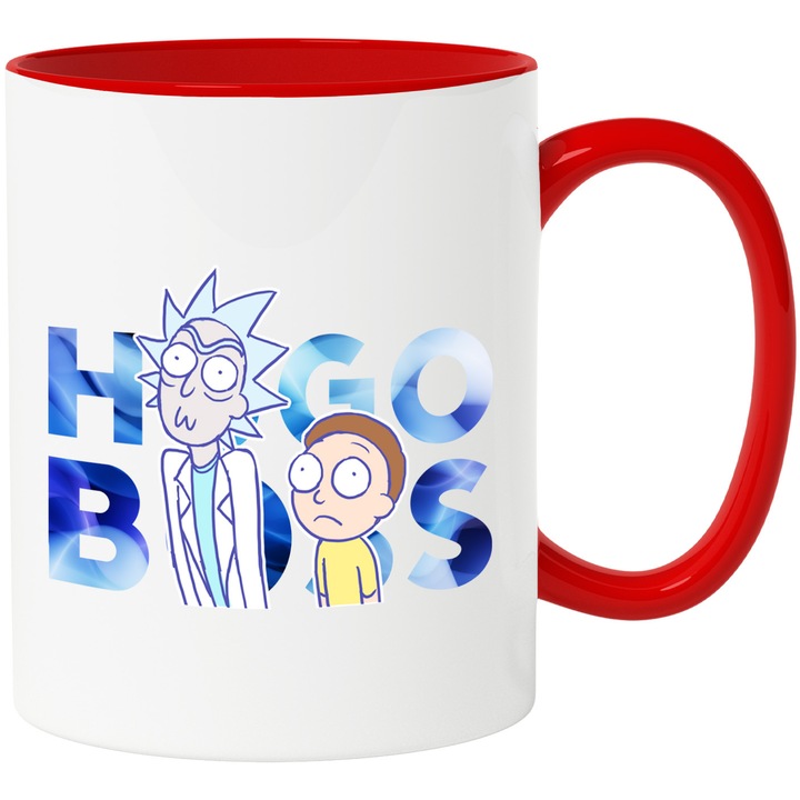 Cana Cu Rick & Morty, Cu Textul "Hugo Boss" - Design 22, Ceramica, 330ML, Cu Maner si Interior Rosu