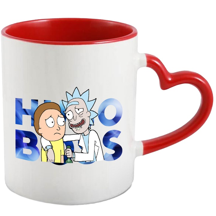 Cana Cu Rick & Morty, Cu Textul "Hugo Boss" - Design 24, Ceramica, 330ML, Cu Maner Inima Rosie si Interior Rosu