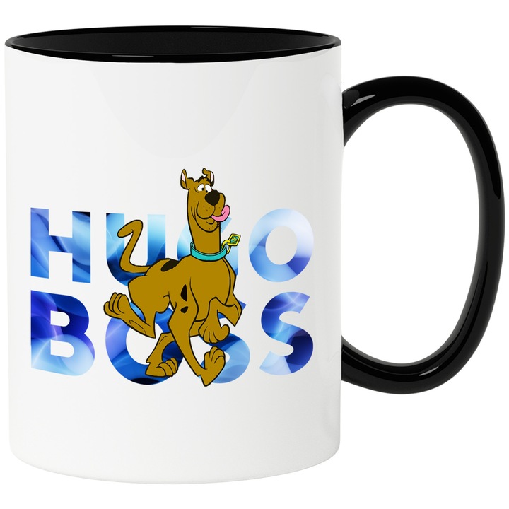 Cana Cu Scoobydoo, Cu Textul "Hugo Boss" - Design 11, Ceramica, 330ML, Cu Maner si Interior Negru