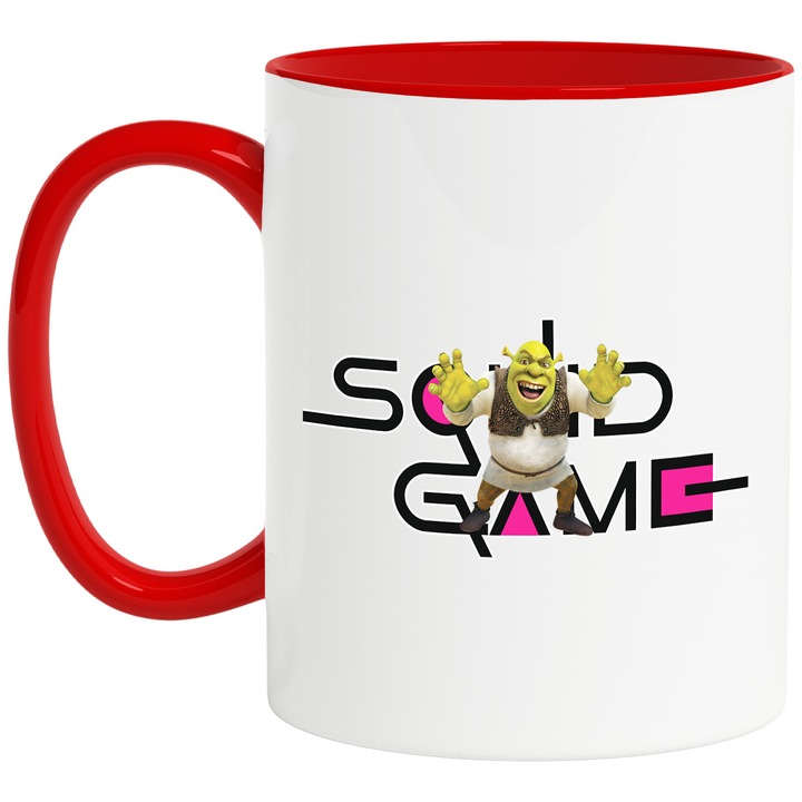 Cana Cu Shrek, Cu Textul "Squid Game" - Design 8, Ceramica, 330ML, Cu Maner si Interior Rosu
