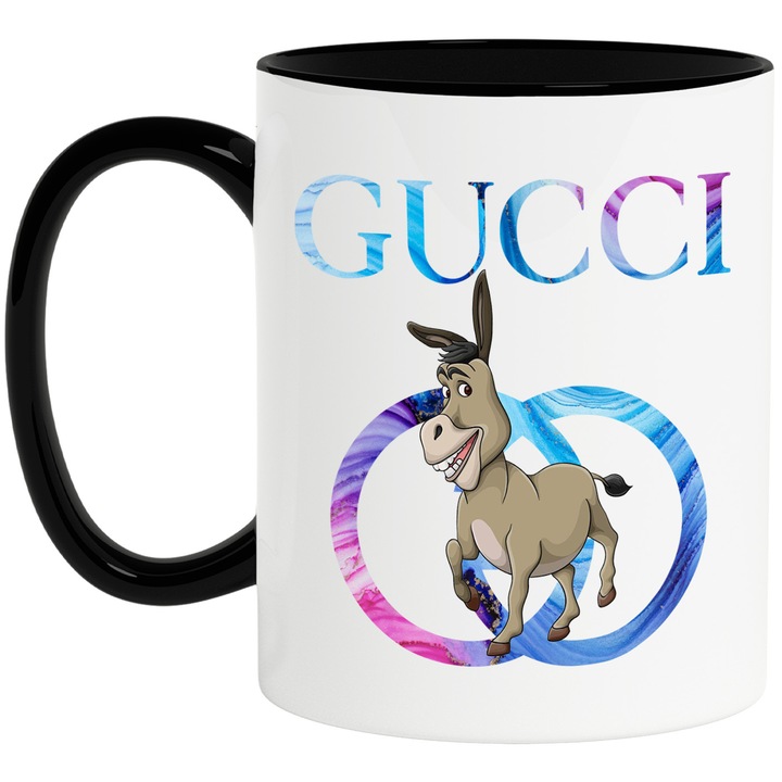 Cana Cu Shrek, Cu Textul "Gucci" - Design 32, Ceramica, 330ML, Cu Maner si Interior Negru