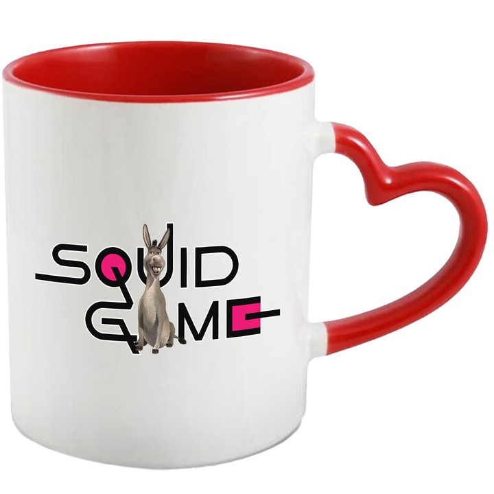 Cana Cu Shrek, Cu Textul "Squid Game" - Design 15, Ceramica, 330ML, Cu Maner Inima Rosie si Interior Rosu